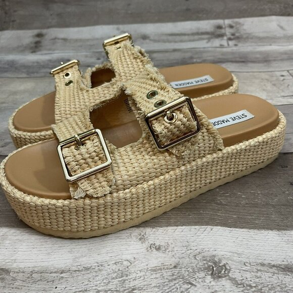 Steve Madden Shoes - Steve Madden Karrigan Raffia Buckle Slide Sandals Size 9 Natural /Beige